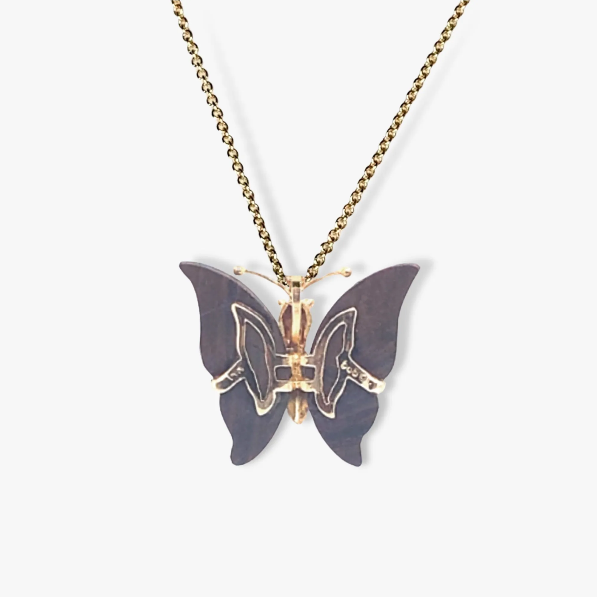 14k Yellow Gold Black Opal Butterfly Vintage Pendant