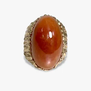 14k Yellow Gold Cabochon Cut Brown Jade High Dome Vintage Cocktail Ring