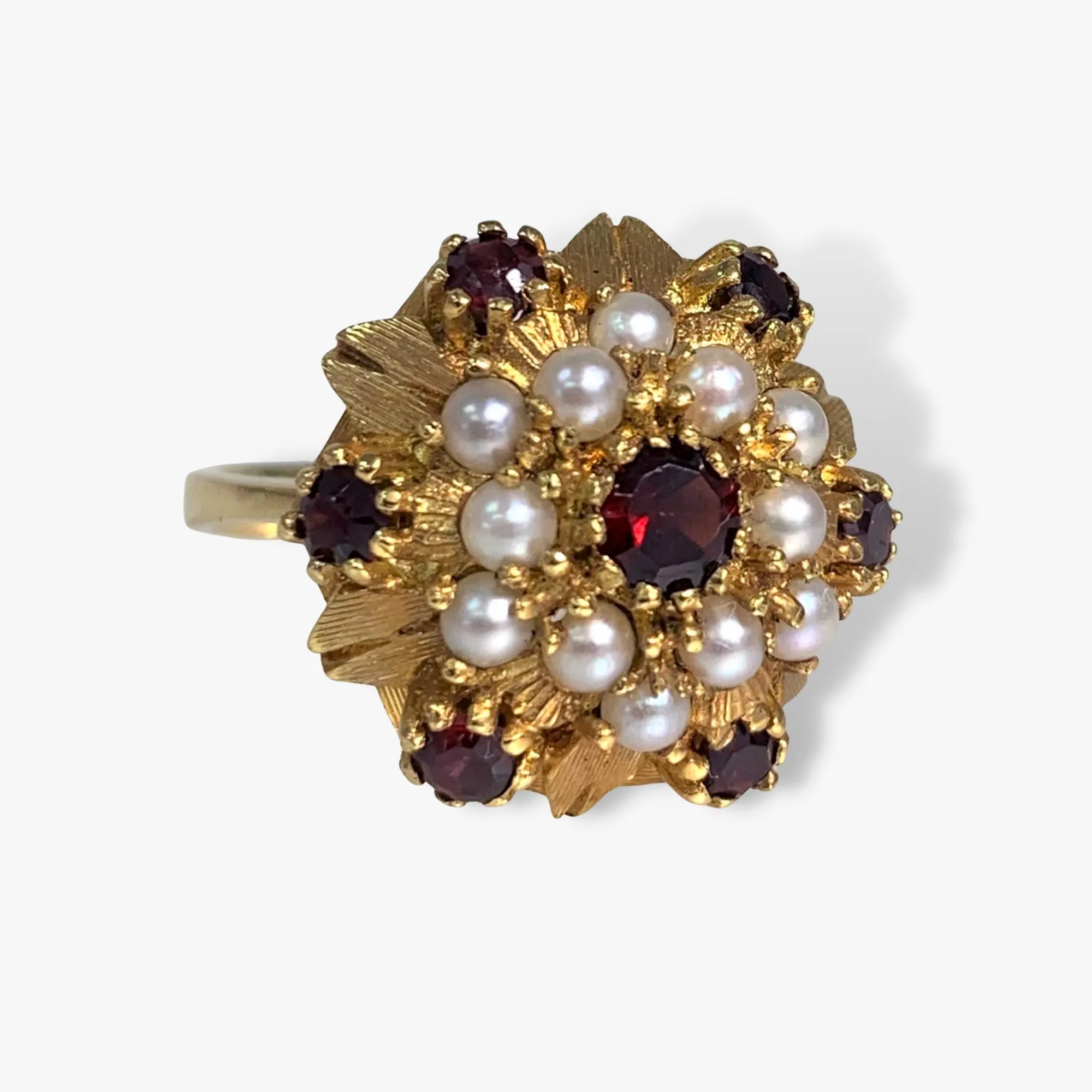 18k Yellow Gold Round Garnet and Pearl Vintage Flower Ring