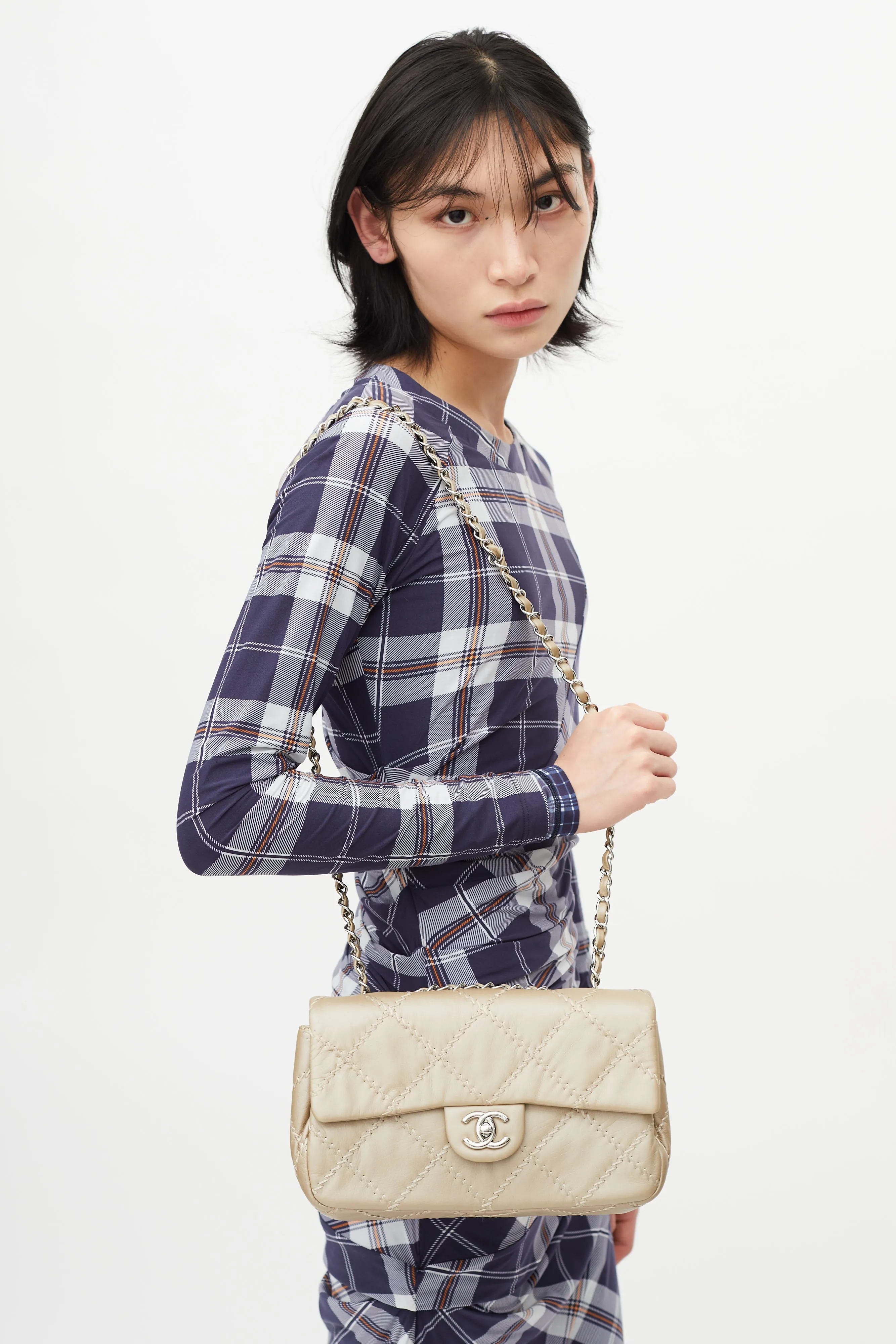 2010 Taupe Metallic Wild Stitch Flap Shoulder Bag