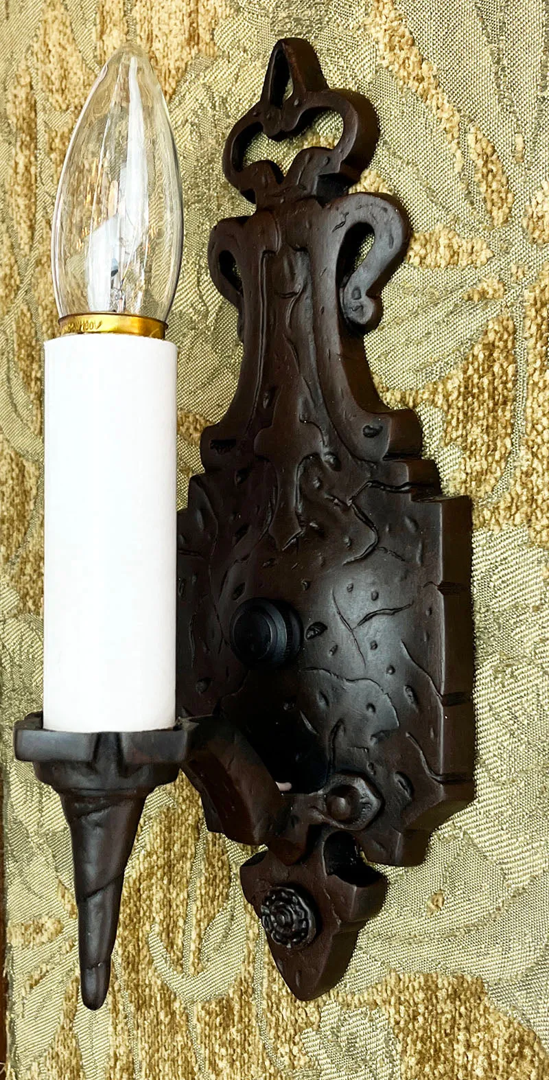 $400 PAIR - Antique Circa 1930 Tudor Revival Faux Hammered Wall Sconces