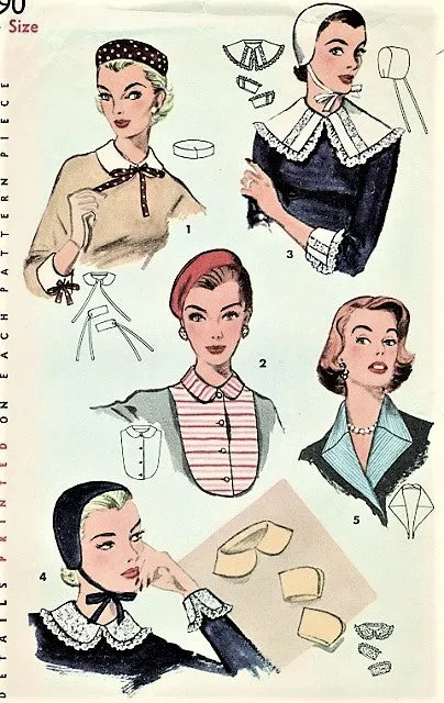 50s CHARMING Simplicity 1390 Hats, Collars Cuffs and Dickey Pattern Beret, Pill Box, Baby Style Hat Includes Peter Pan Collar Wonderful Accessories Pattern Simplicity 1390 Vintage Sewing Pattern