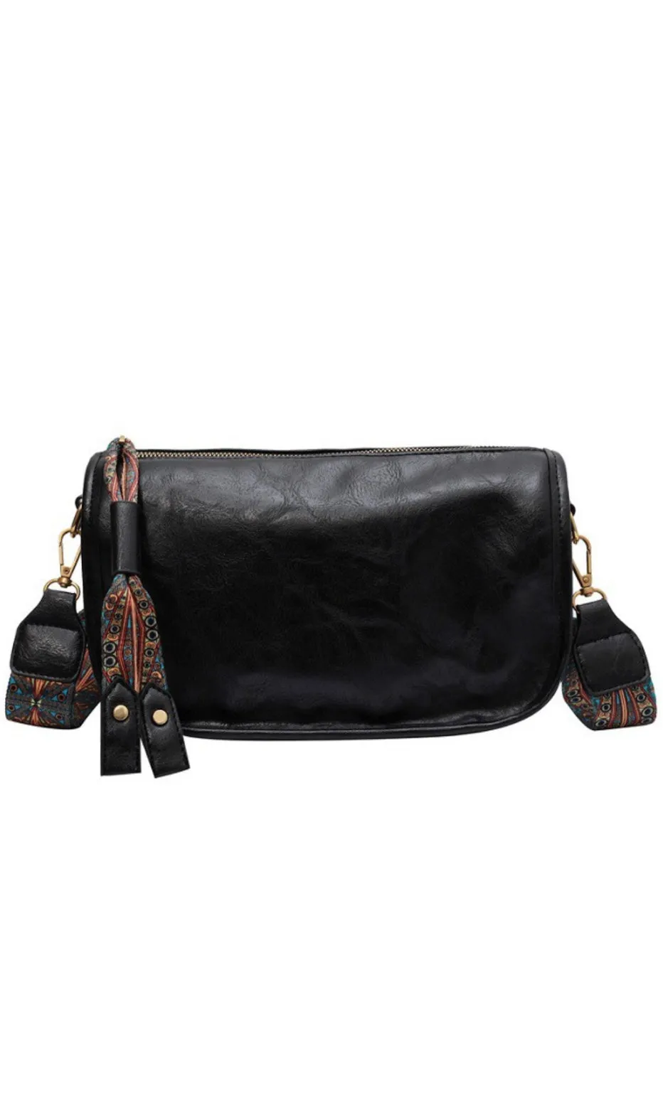 Aspen Black Vegan Leather Boho Strap Sling Crossbody Pack Handbag