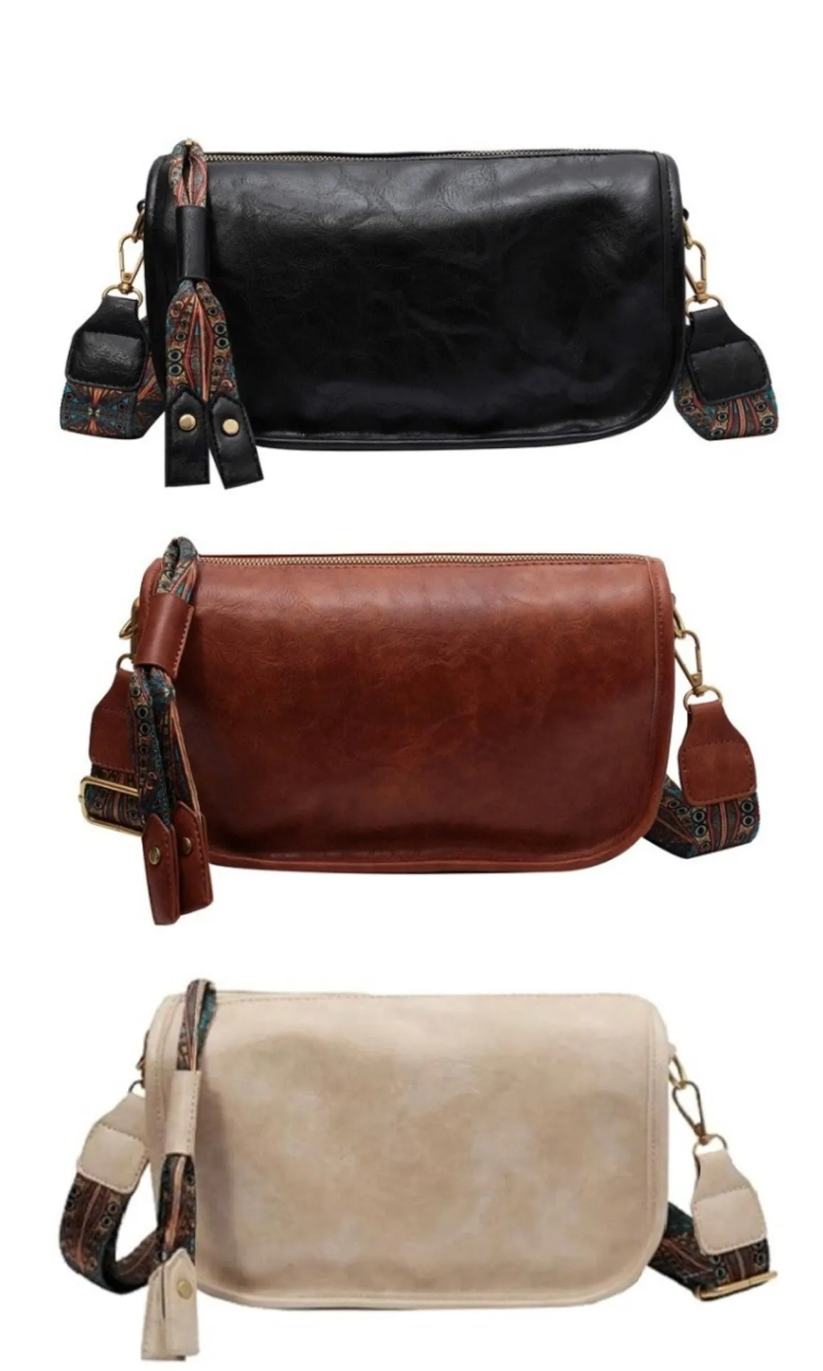 Aspen Black Vegan Leather Boho Strap Sling Crossbody Pack Handbag