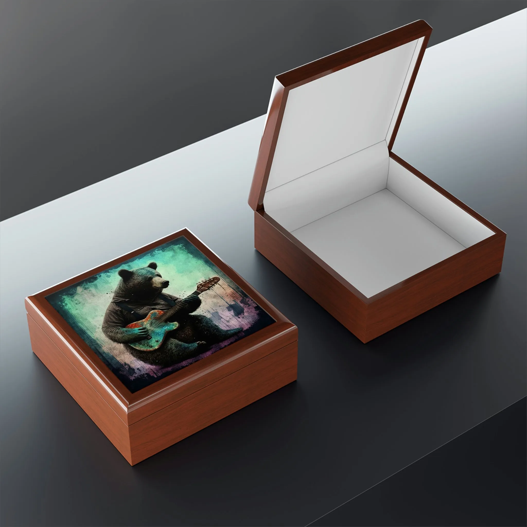 Bear Playing Guitar Wood Keepsake Jewelry Box with Ceramic Tile Cover