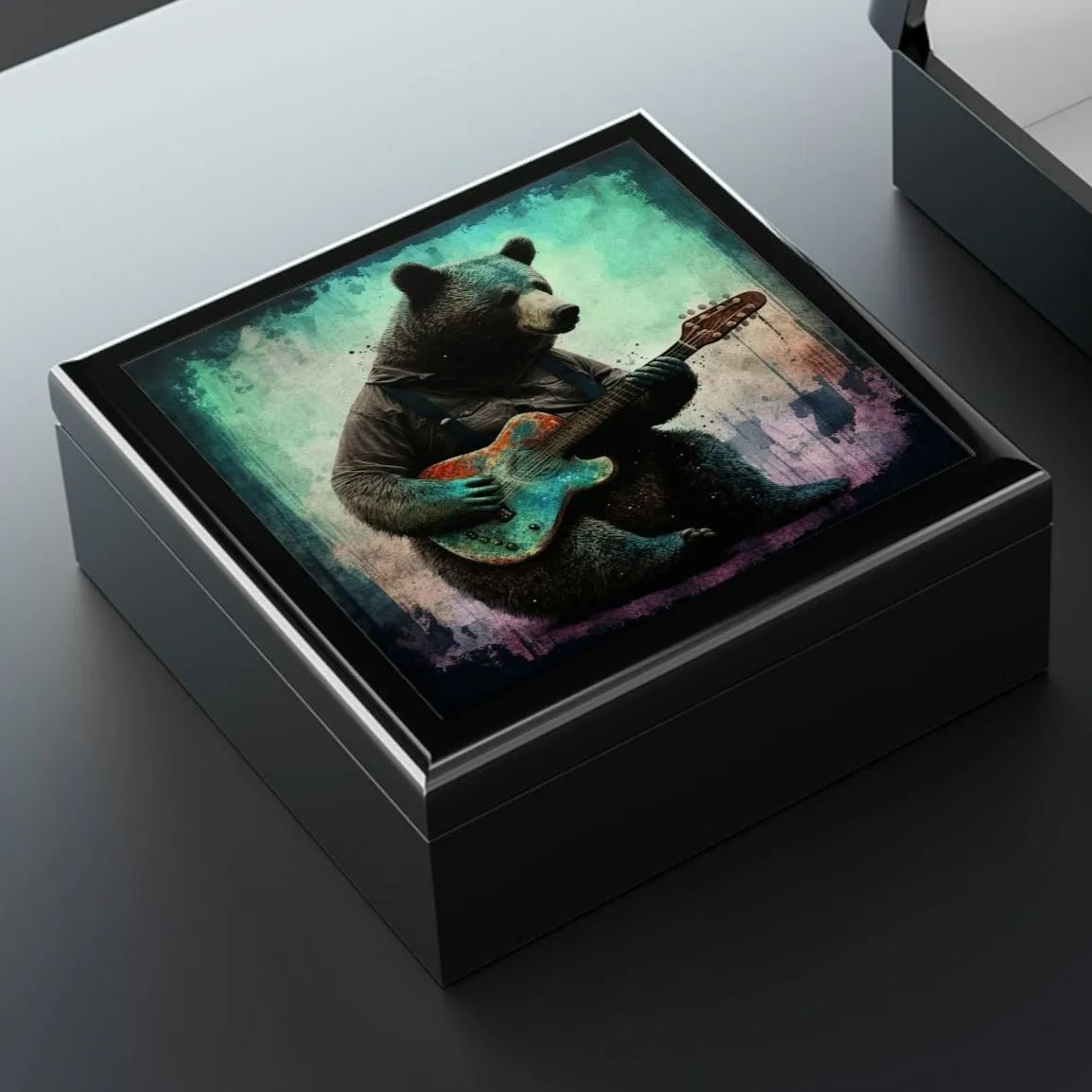 Bear Playing Guitar Wood Keepsake Jewelry Box with Ceramic Tile Cover