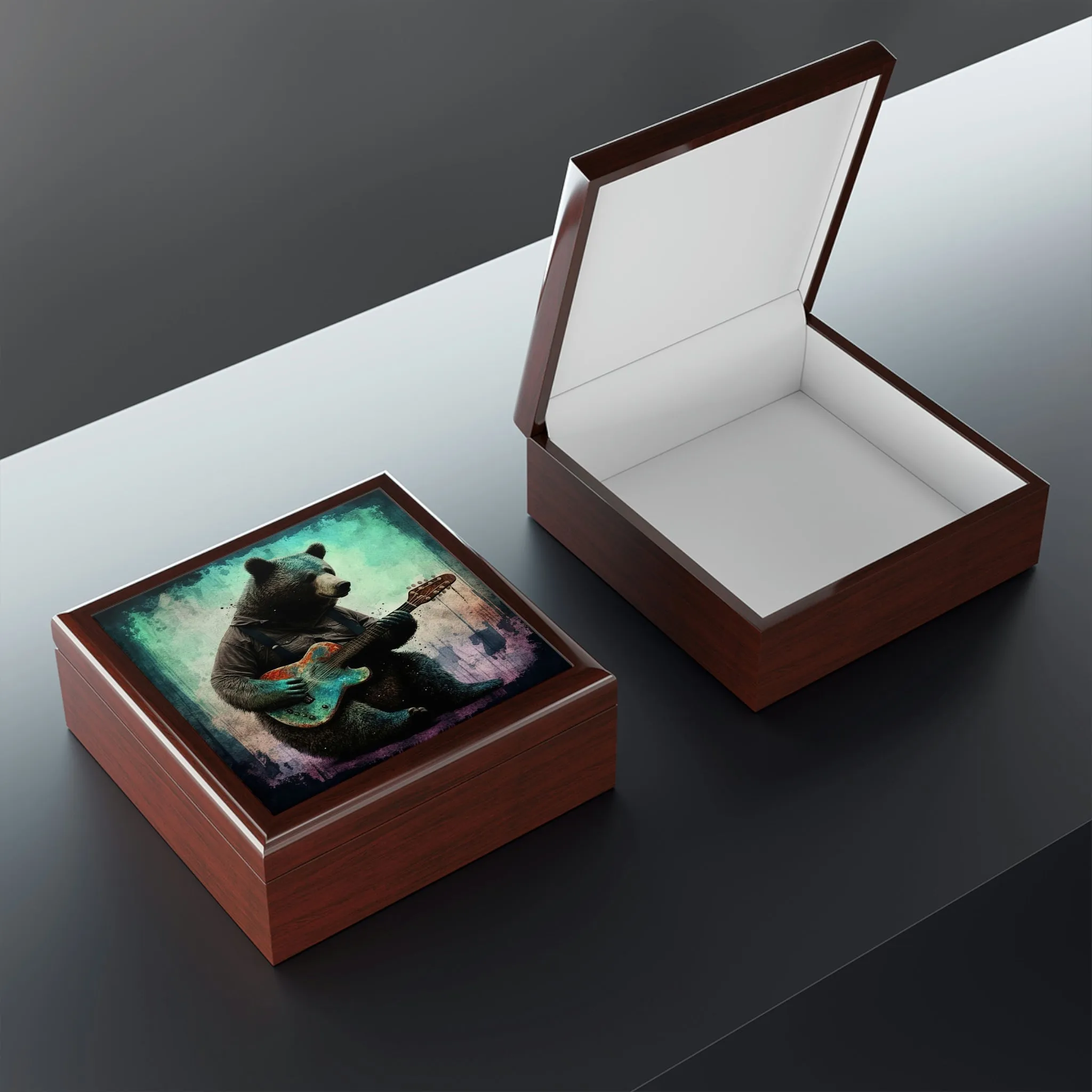 Bear Playing Guitar Wood Keepsake Jewelry Box with Ceramic Tile Cover