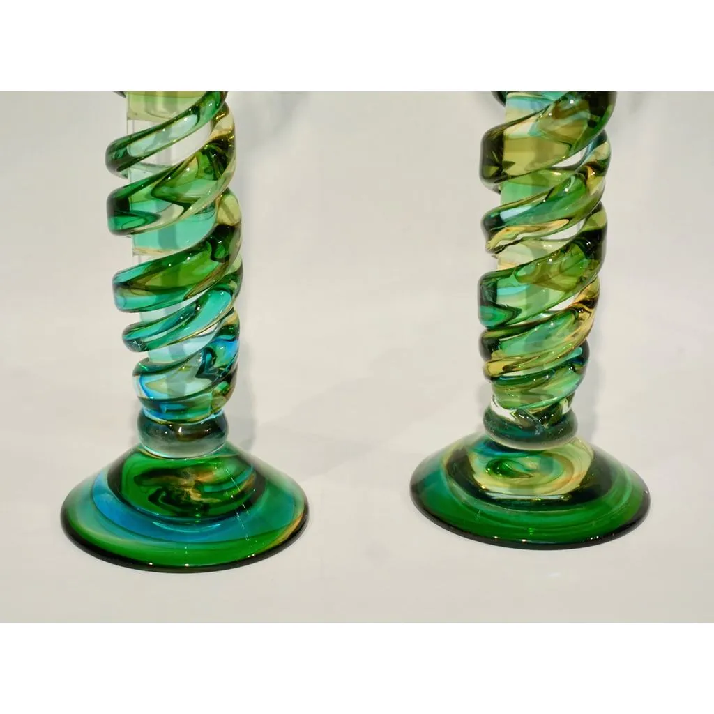 Cenedese 1970s Vintage Italian Yellow Green Aqua Blue Murano Glass Candlesticks