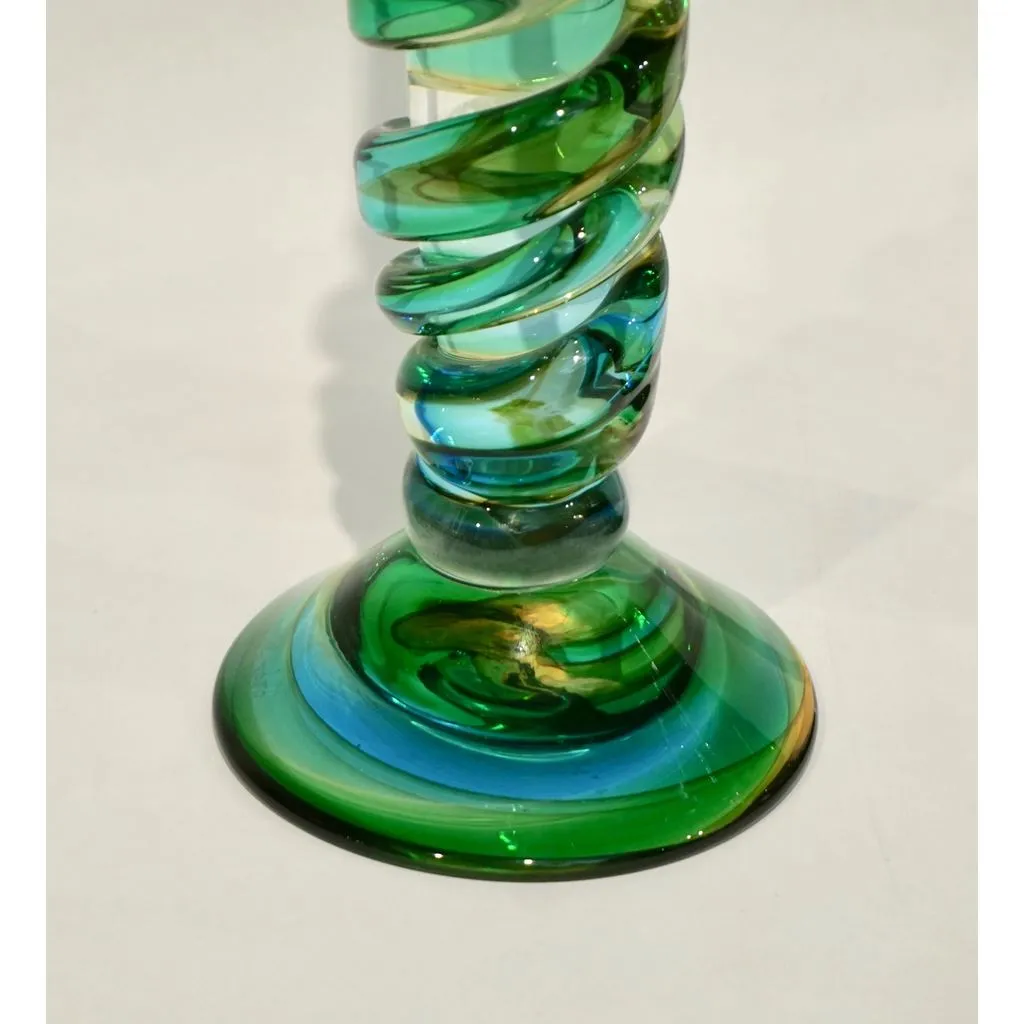 Cenedese 1970s Vintage Italian Yellow Green Aqua Blue Murano Glass Candlesticks