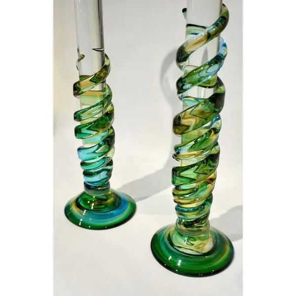 Cenedese 1970s Vintage Italian Yellow Green Aqua Blue Murano Glass Candlesticks