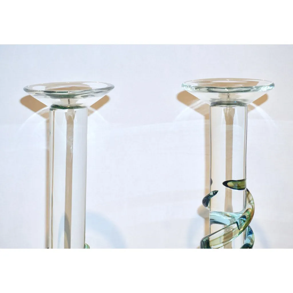 Cenedese 1970s Vintage Italian Yellow Green Aqua Blue Murano Glass Candlesticks