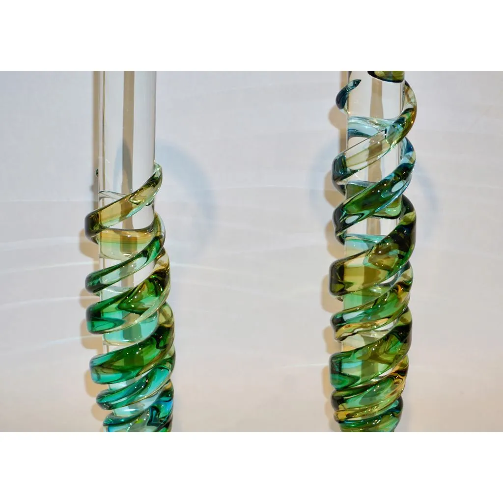 Cenedese 1970s Vintage Italian Yellow Green Aqua Blue Murano Glass Candlesticks
