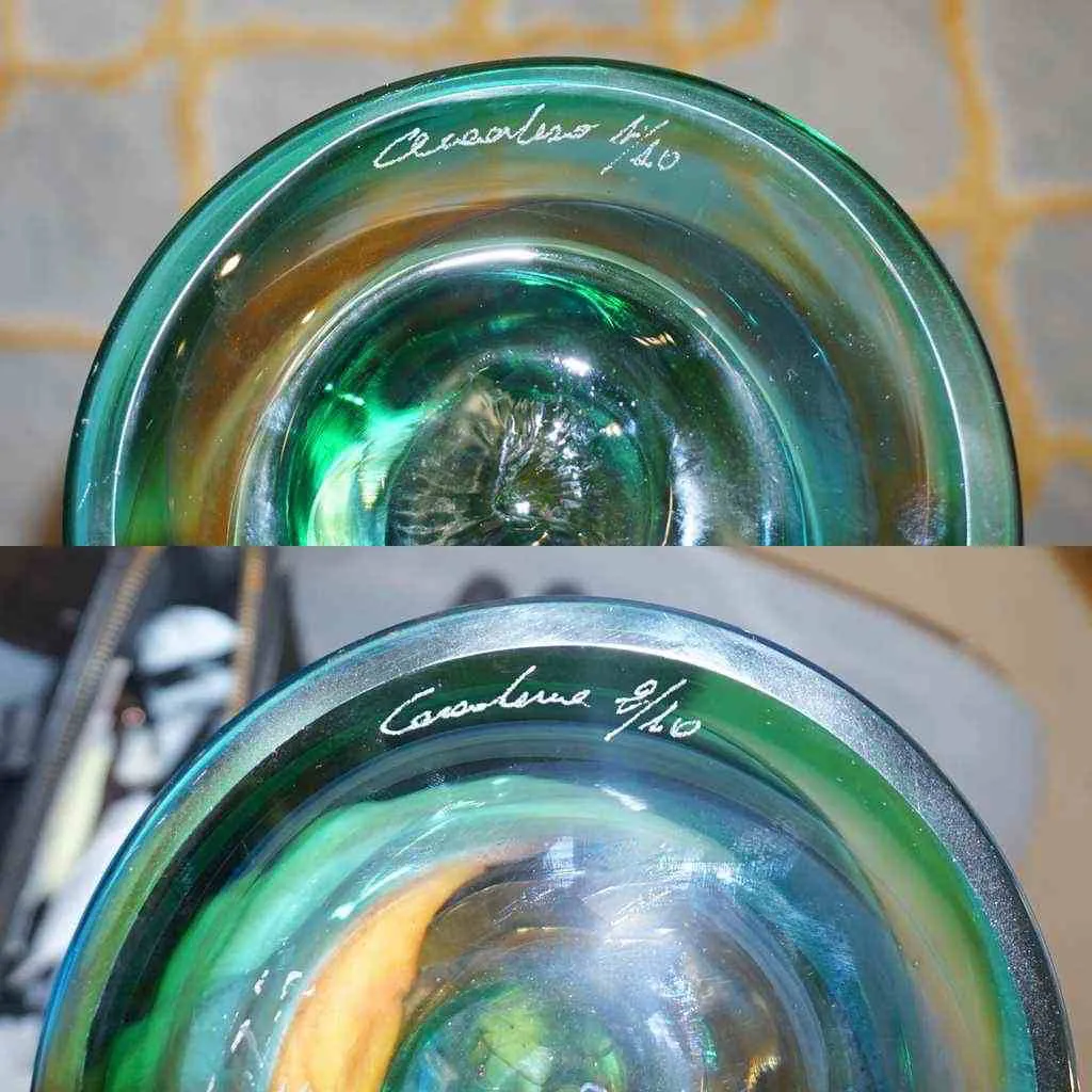 Cenedese 1970s Vintage Italian Yellow Green Aqua Blue Murano Glass Candlesticks