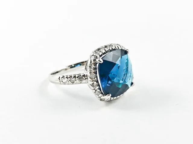 Classic Center Square Sapphire Color CZ With Micro CZ Frame Silver Ring
