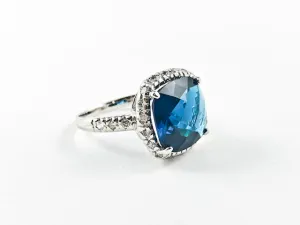 Classic Center Square Sapphire Color CZ With Micro CZ Frame Silver Ring