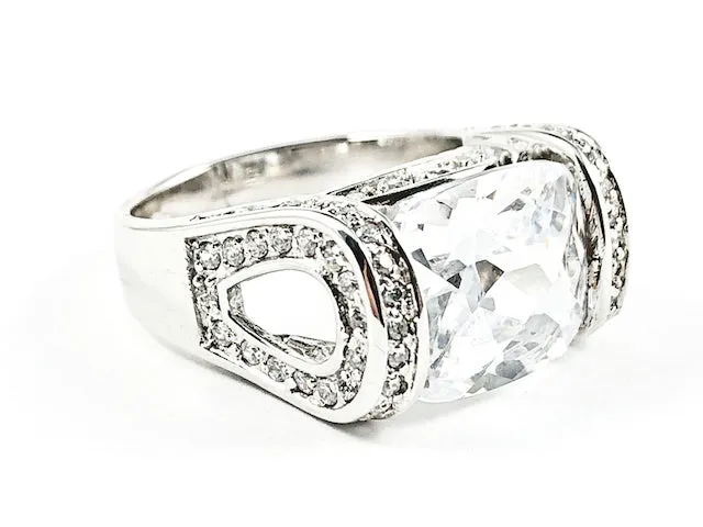 Classic Unique Center Rectangle Shape CZ With Oval Shape Open Side Design Silver Ring