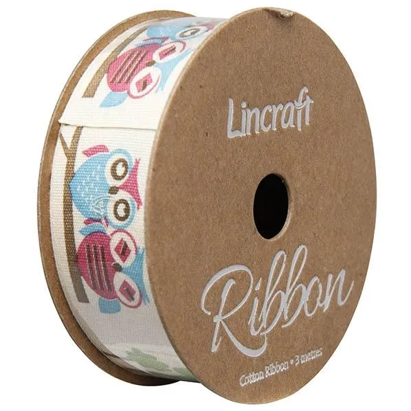 Cotton Ribbon, Pink Blue Owl- 25mm x 3m