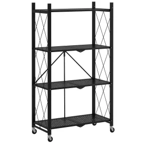Foldable Portable 4-Tier Storage Shelf, Wheels, Black, EKKIO