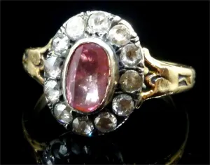 Georgian 1 Ct Pink Sapphire &amp; 1ct Old Cut Diamond 18ct Ring With Floral Shoulder
