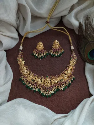 Gold-plated Antique Lakshmi Necklace Set with Bead Dangling