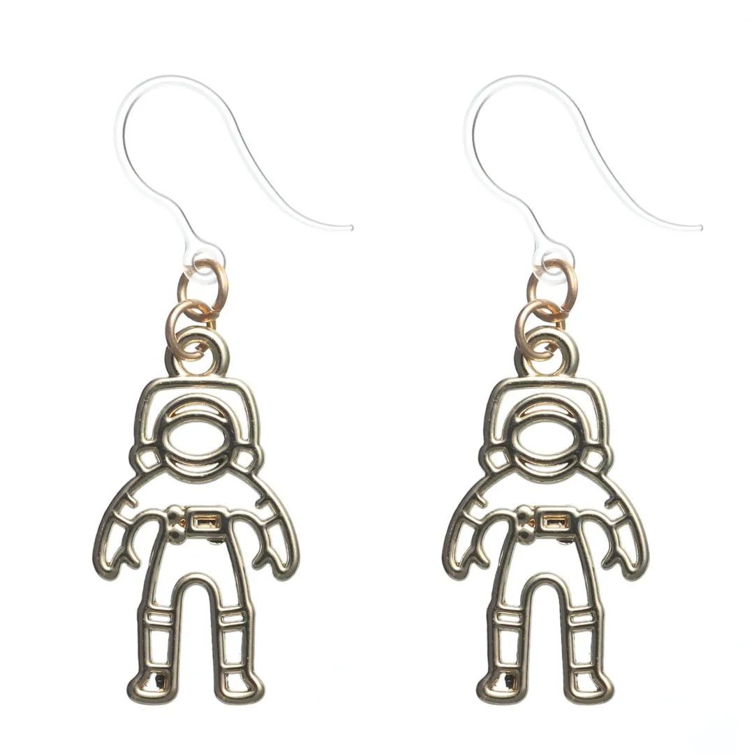 Golden Astronaut Dangles Hypoallergenic Earrings for Sensitive Ears Made with Plastic Posts