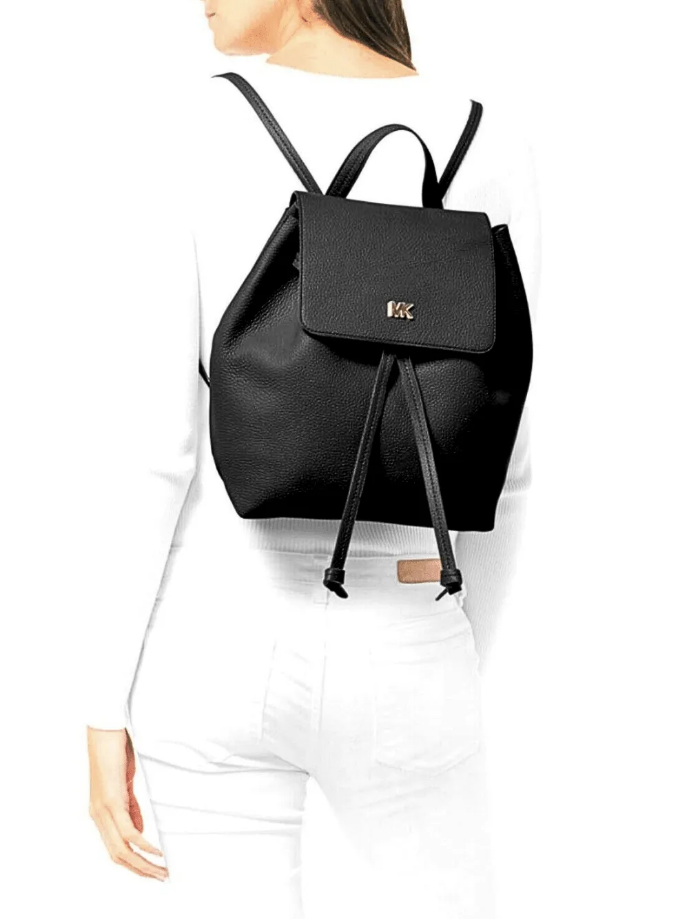 Junie Flap Leather Backpack in Black