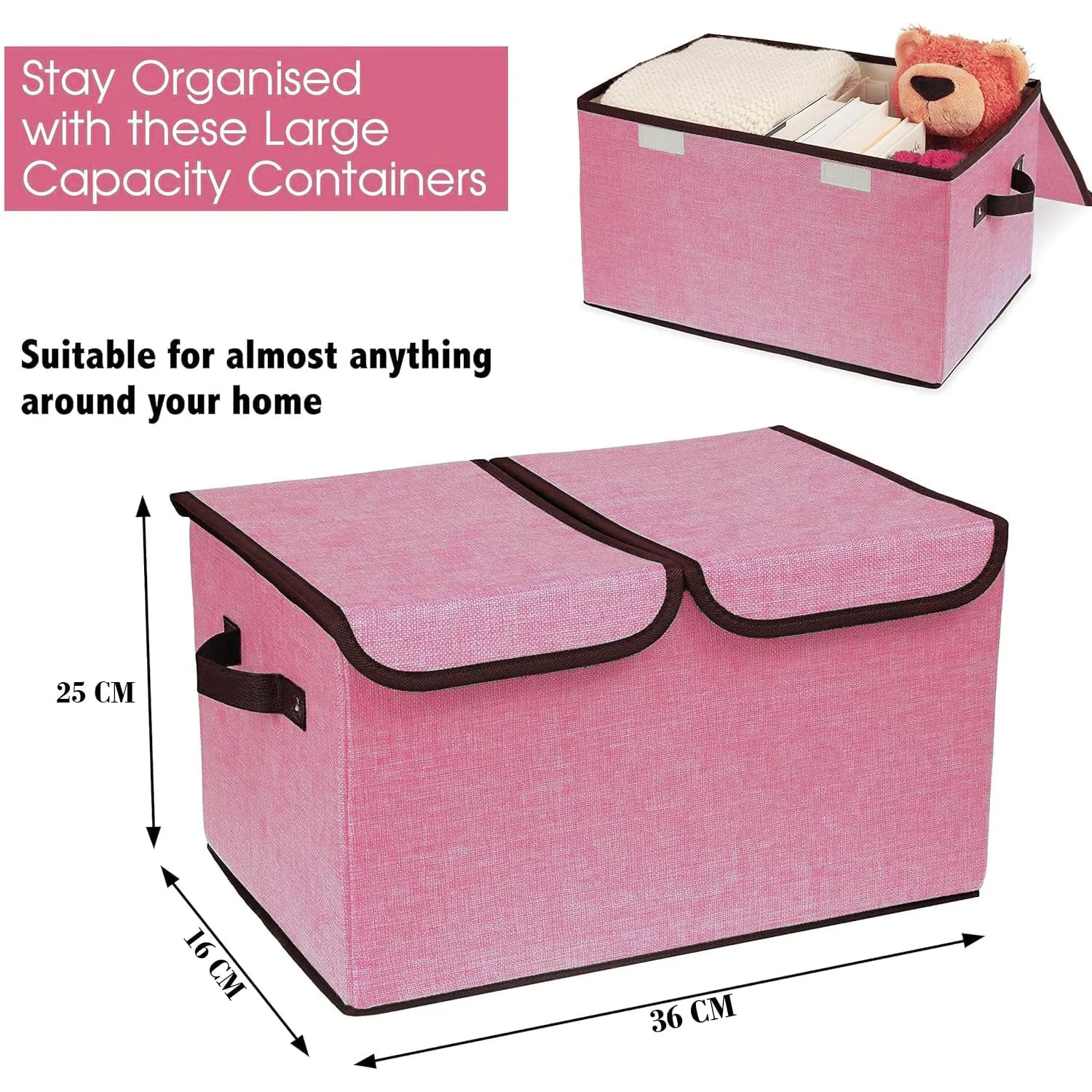 Kuber Industries Double Lid Foldable Storage Box|Toys Storage Bin|Wardrobe Organizer For Clothes|Front Handle & Stackable Pack Of-2 (Pink)