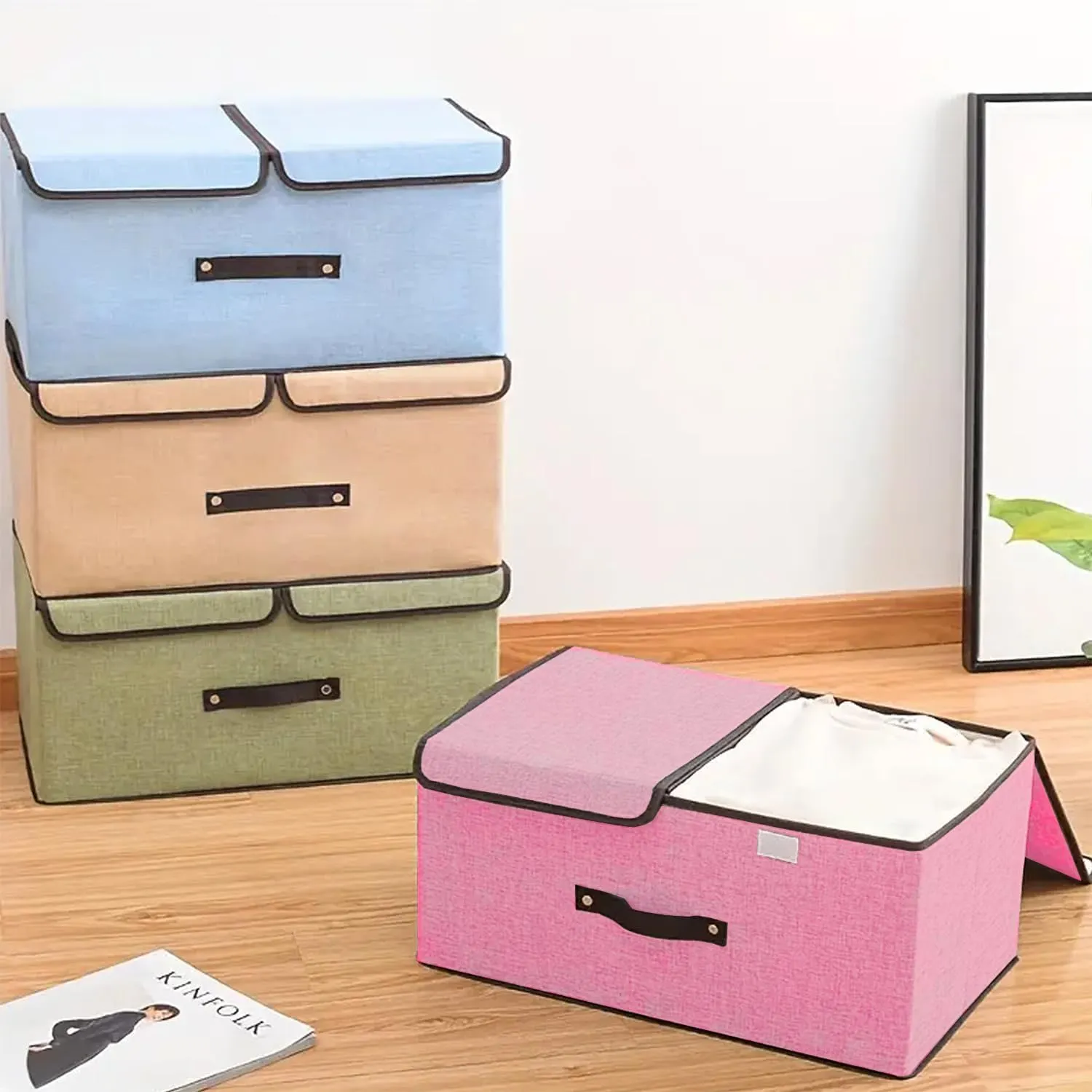 Kuber Industries Double Lid Foldable Storage Box|Toys Storage Bin|Wardrobe Organizer For Clothes|Front Handle & Stackable Pack Of-2 (Pink)