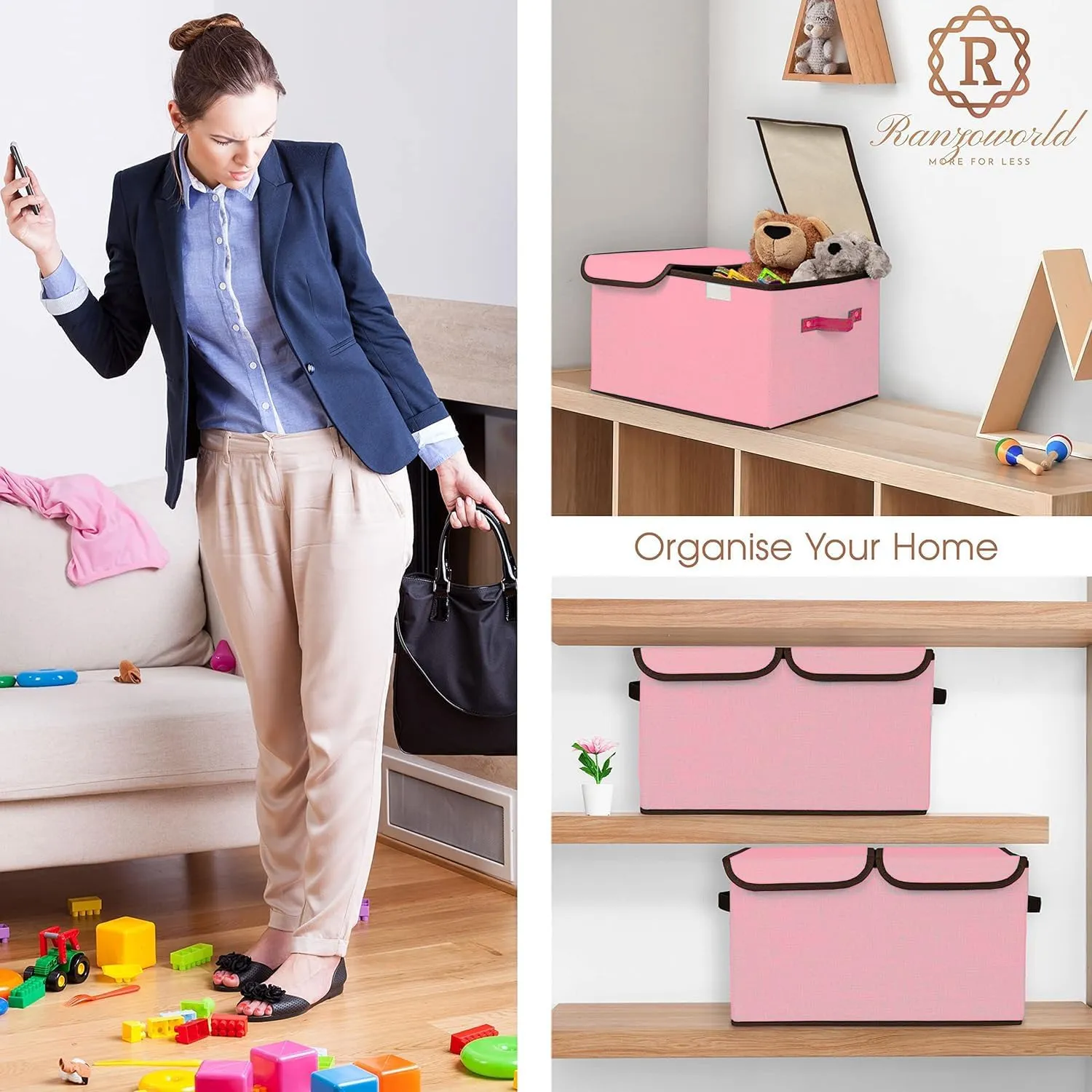 Kuber Industries Double Lid Foldable Storage Box|Toys Storage Bin|Wardrobe Organizer For Clothes|Front Handle & Stackable Pack Of-2 (Pink)