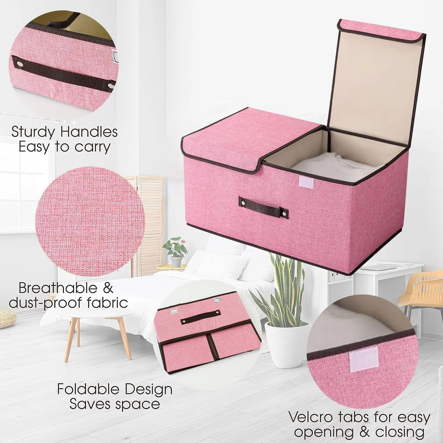 Kuber Industries Double Lid Foldable Storage Box|Toys Storage Bin|Wardrobe Organizer For Clothes|Front Handle & Stackable Pack Of-2 (Pink)