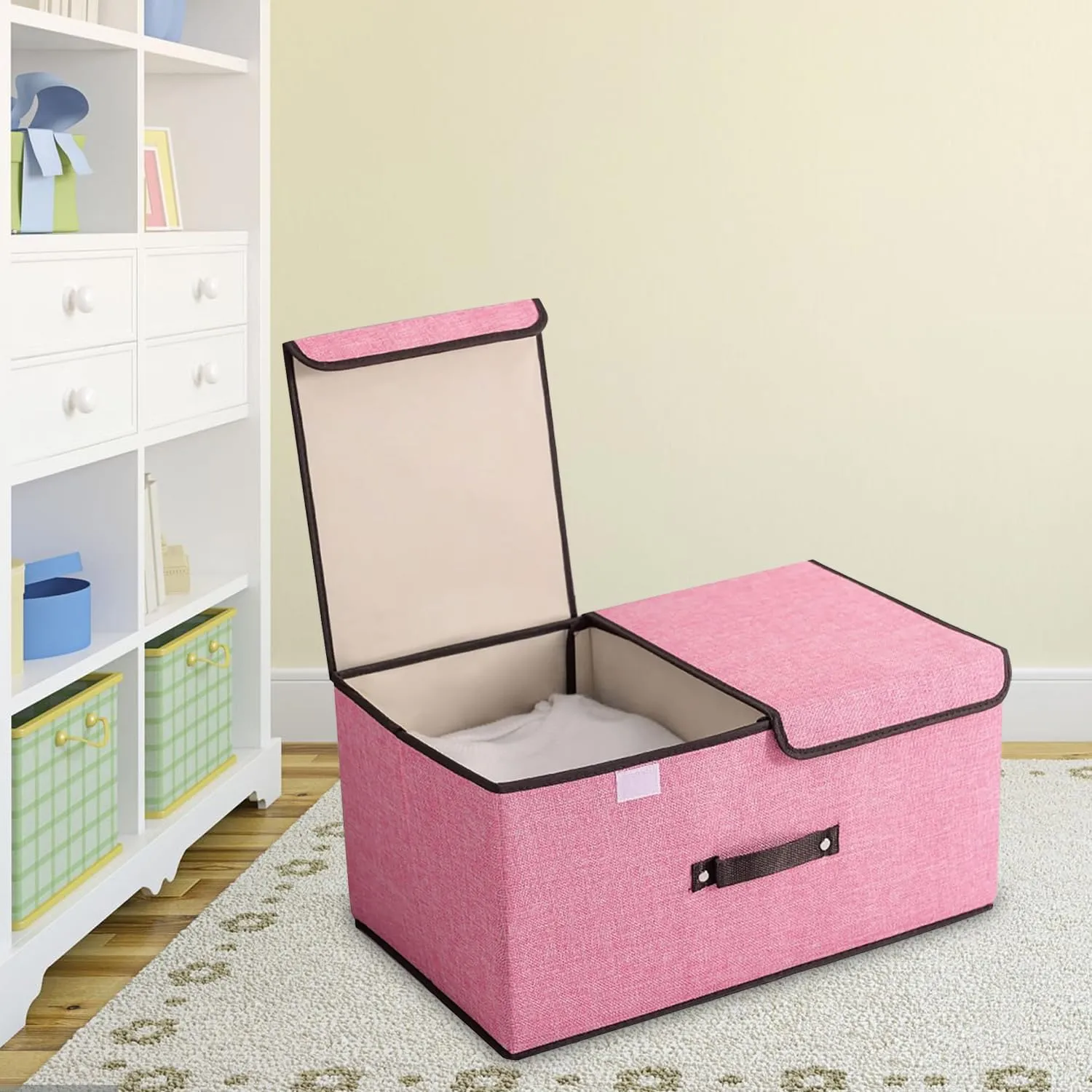 Kuber Industries Double Lid Foldable Storage Box|Toys Storage Bin|Wardrobe Organizer For Clothes|Front Handle & Stackable Pack Of-2 (Pink)