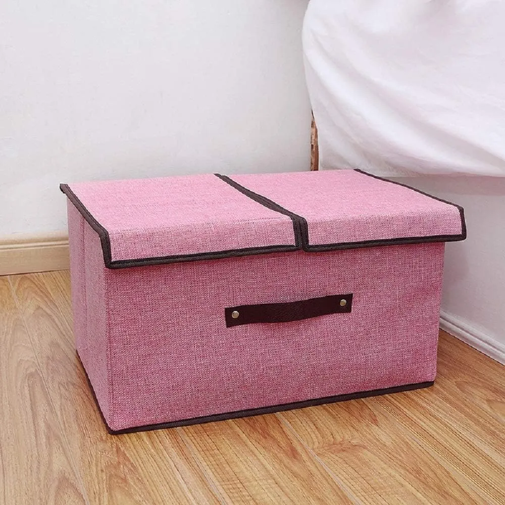 Kuber Industries Double Lid Foldable Storage Box|Toys Storage Bin|Wardrobe Organizer For Clothes|Front Handle & Stackable Pack Of-2 (Pink)