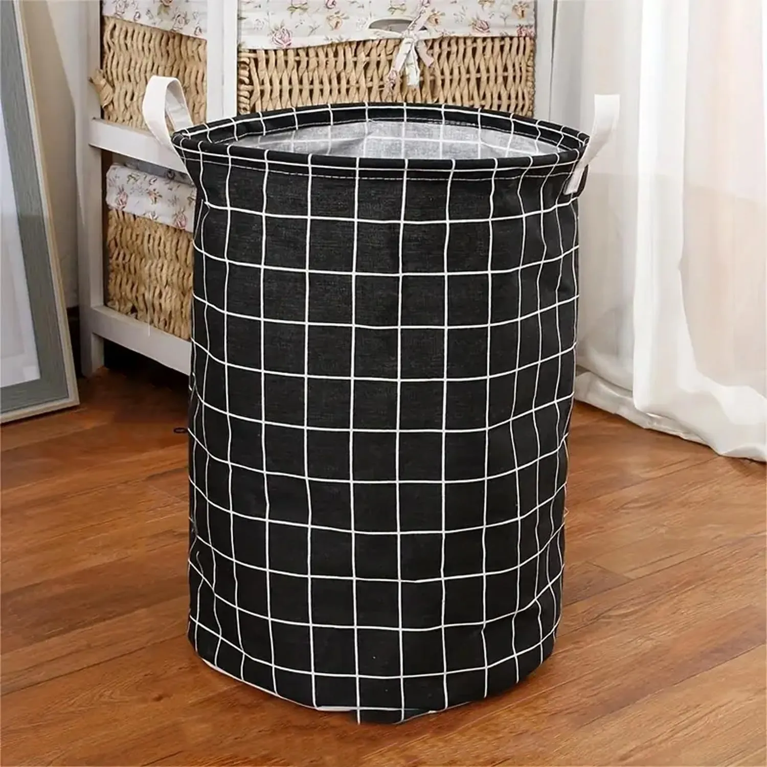 Kuber Industries Foldable Storage Basket|Round Toy Storage Bin|Side Grab Handle|Wardrobe, Closet Organizer (Black) (Pack Of 5)