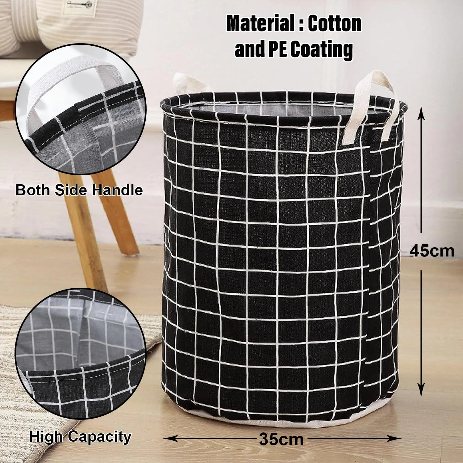 Kuber Industries Foldable Storage Basket|Round Toy Storage Bin|Side Grab Handle|Wardrobe, Closet Organizer (Black) (Pack Of 5)