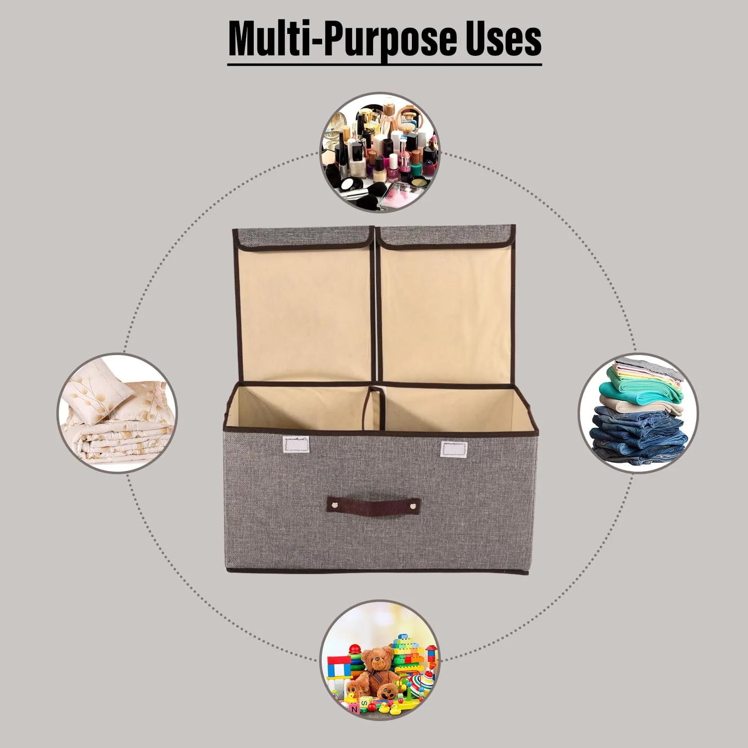 Kuber Industries Foldable Storage Box | Double Lid Storage Box with Handle | Stackable Storage Box For Clothes-Toys-Books | YJA008-GRY | Grey