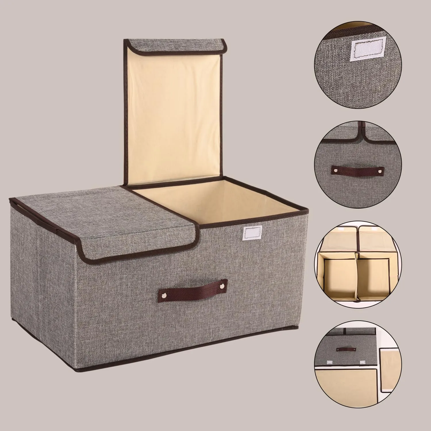 Kuber Industries Foldable Storage Box | Double Lid Storage Box with Handle | Stackable Storage Box For Clothes-Toys-Books | YJA008-GRY | Grey