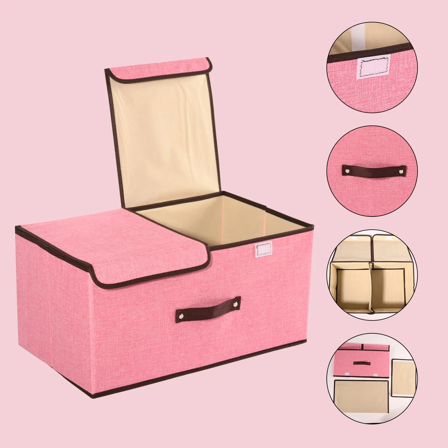 Kuber Industries Foldable Storage Box | Double Lid Storage Box with Handle | Stackable Storage Box For Clothes-Toys-Books | YJA008-PNK | Pink