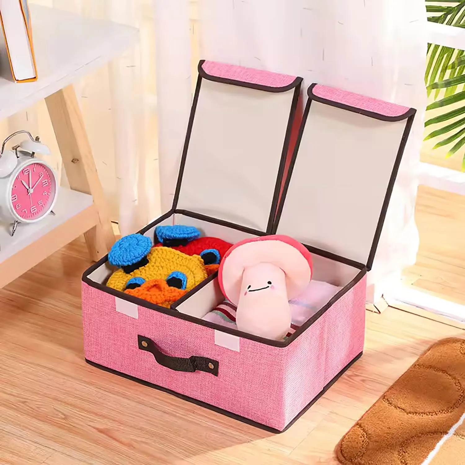 Kuber Industries Foldable Storage Box | Double Lid Storage Box with Handle | Stackable Storage Box For Clothes-Toys-Books | YJA008-PNK | Pink