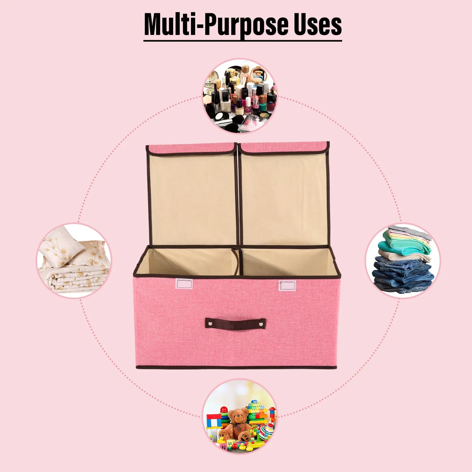 Kuber Industries Foldable Storage Box | Double Lid Storage Box with Handle | Stackable Storage Box For Clothes-Toys-Books | YJA008-PNK | Pink