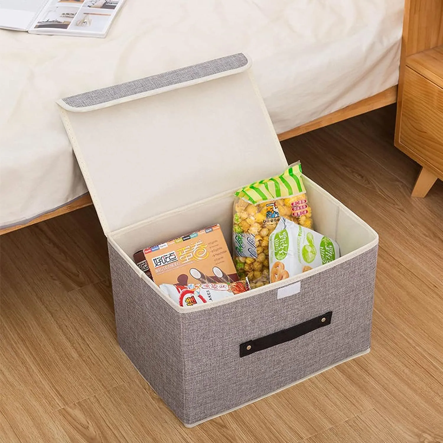 Kuber Industries Large Storage Box With Lid|Foldable Toys Storage Bin|Wardrobe Organizer For clothes|Front Handle & Sturdy Pack Of-6 (Grey)