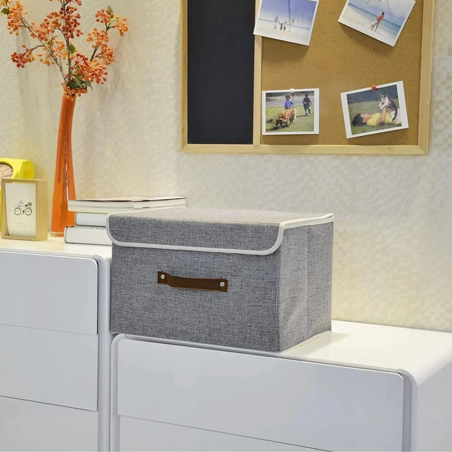 Kuber Industries Large Storage Box With Lid|Foldable Toys Storage Bin|Wardrobe Organizer For clothes|Front Handle & Sturdy Pack Of-6 (Grey)