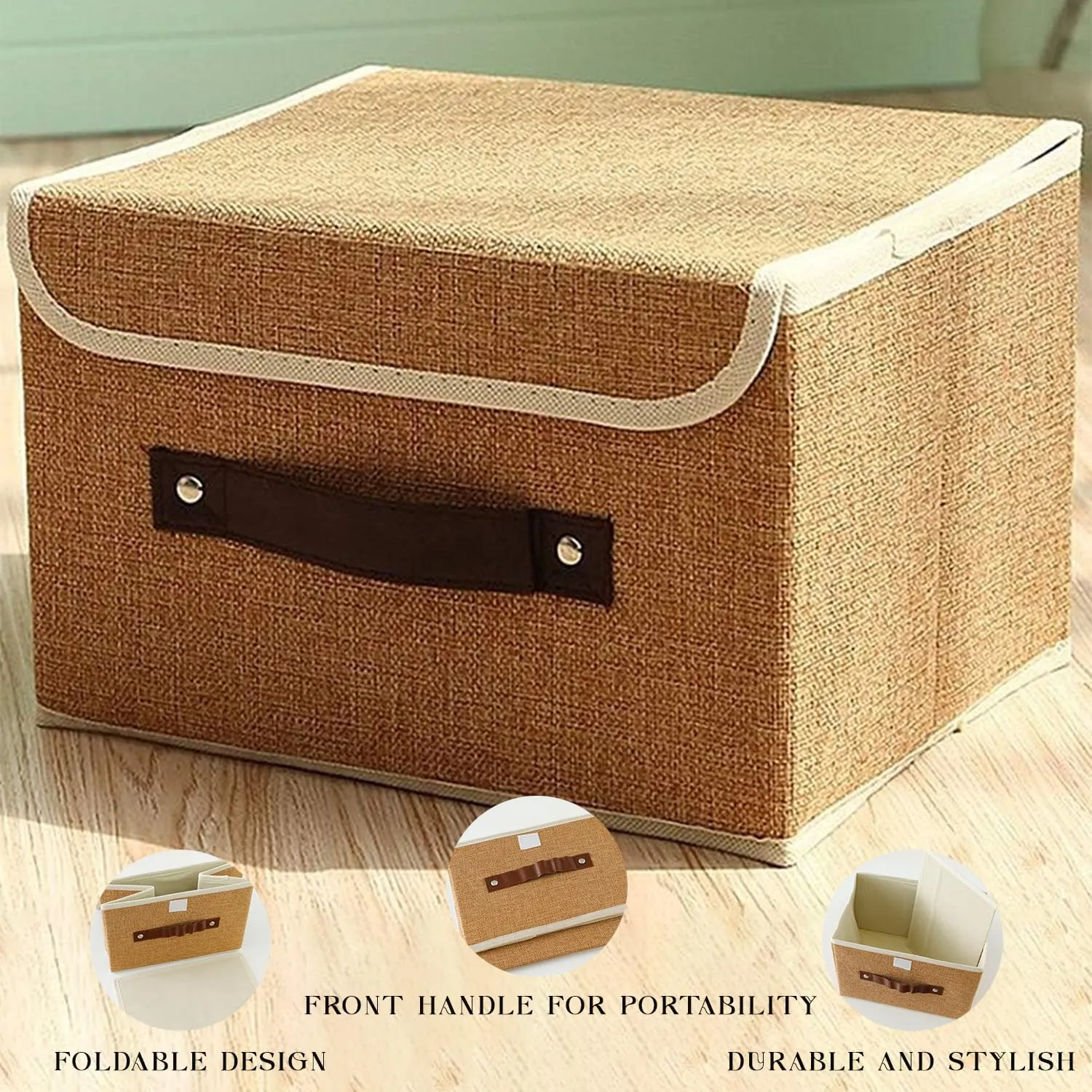 Kuber Industries Large Storage Box With Lid|Foldable Toys Storage Bin|Wardrobe Organizer For clothes|Front Handle & Sturdy Pack Of-6 (Khadi)