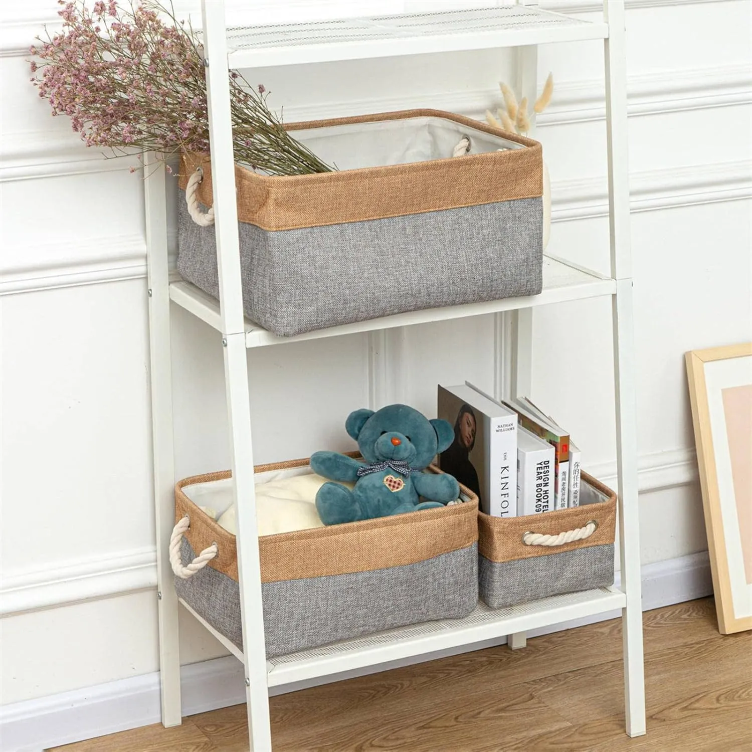 Kuber Industries Pack Of 3 Stackable Storage Basket|Foldable Toy Storage Bin|Wardrobe Organizer For Clothes|3 Different Sizes (Grey & Brown)