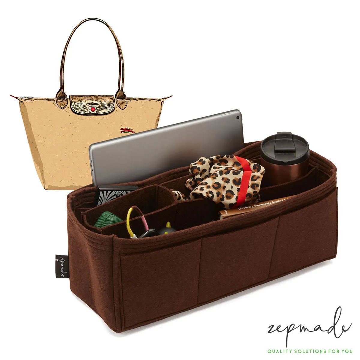 Longchamp Le Foulonné, Le Pliage, Pénélope Bag Models Organizer Insert, Bag Organizer with Middle Compartment and Exterior Pockets