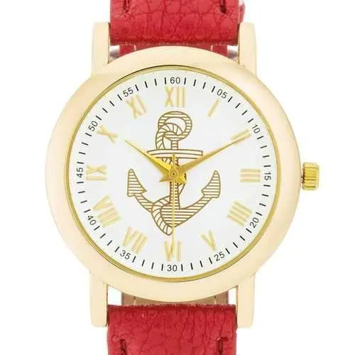 Natalie Gold Nautical Watch With Red Leather Band