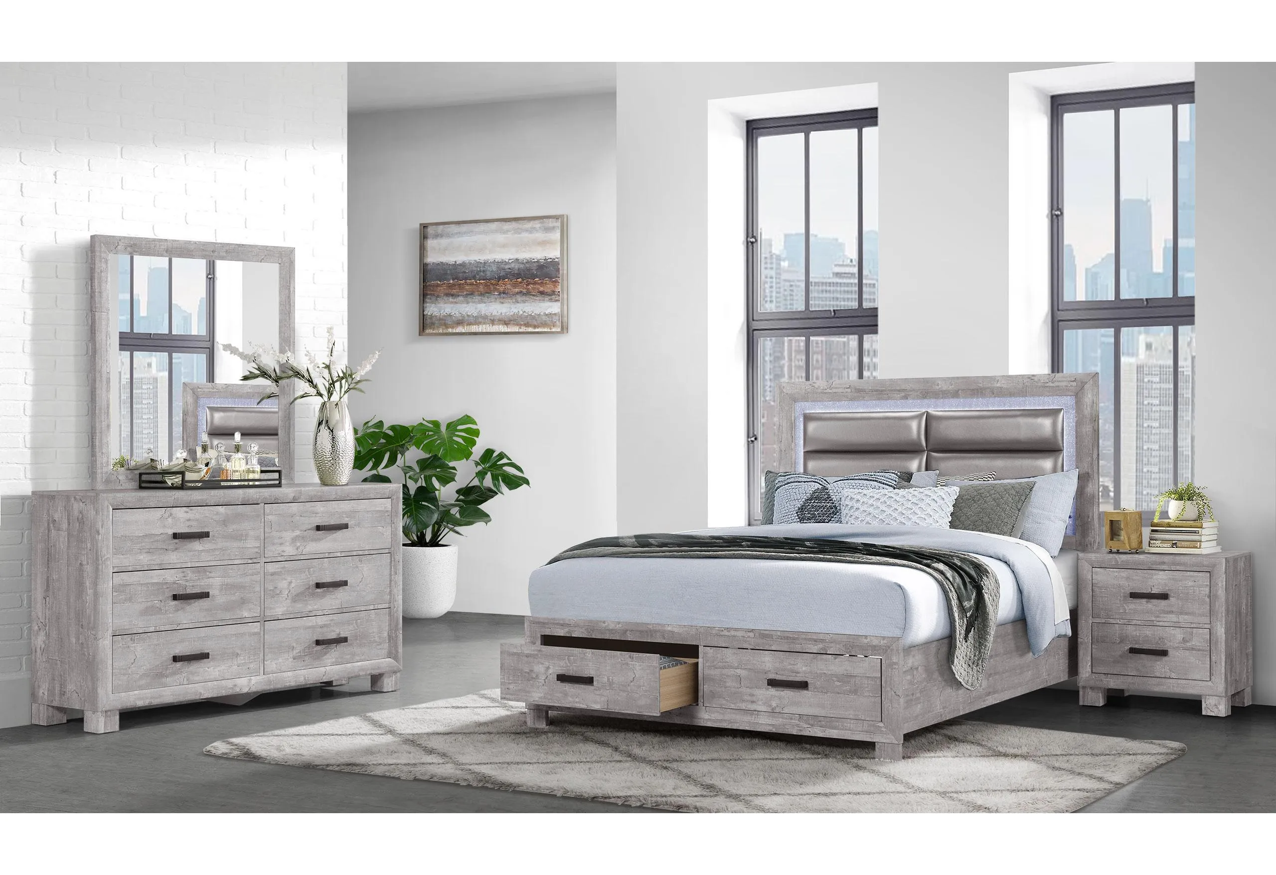 NOLAN GREY FULL BED, DRESSER, MIRROR, NIGHTSTAND