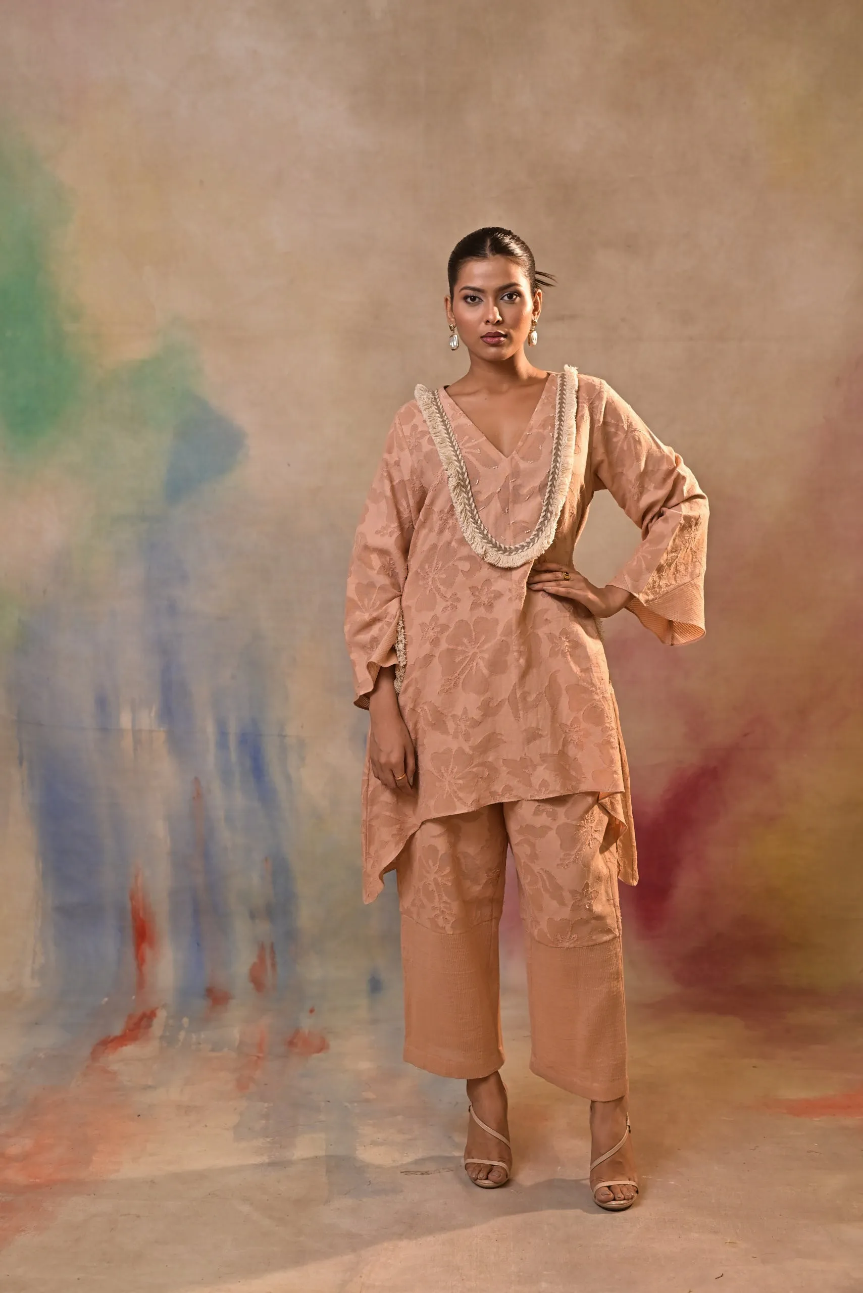 Peach Jacquard Embroidered Cord Set