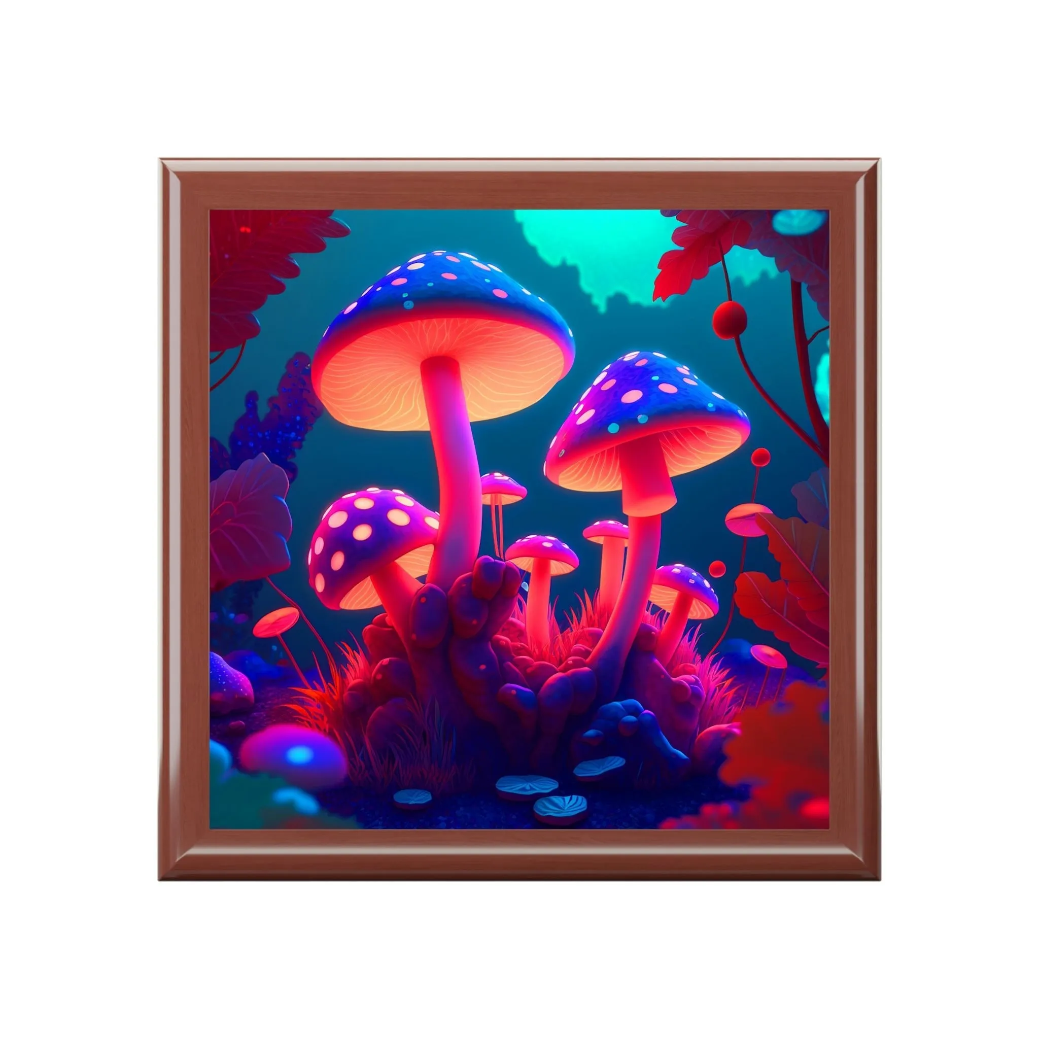 Psychedelic Mushroom Forest Wood Keepsake Jewelry Box with Ceramic Tile Cover