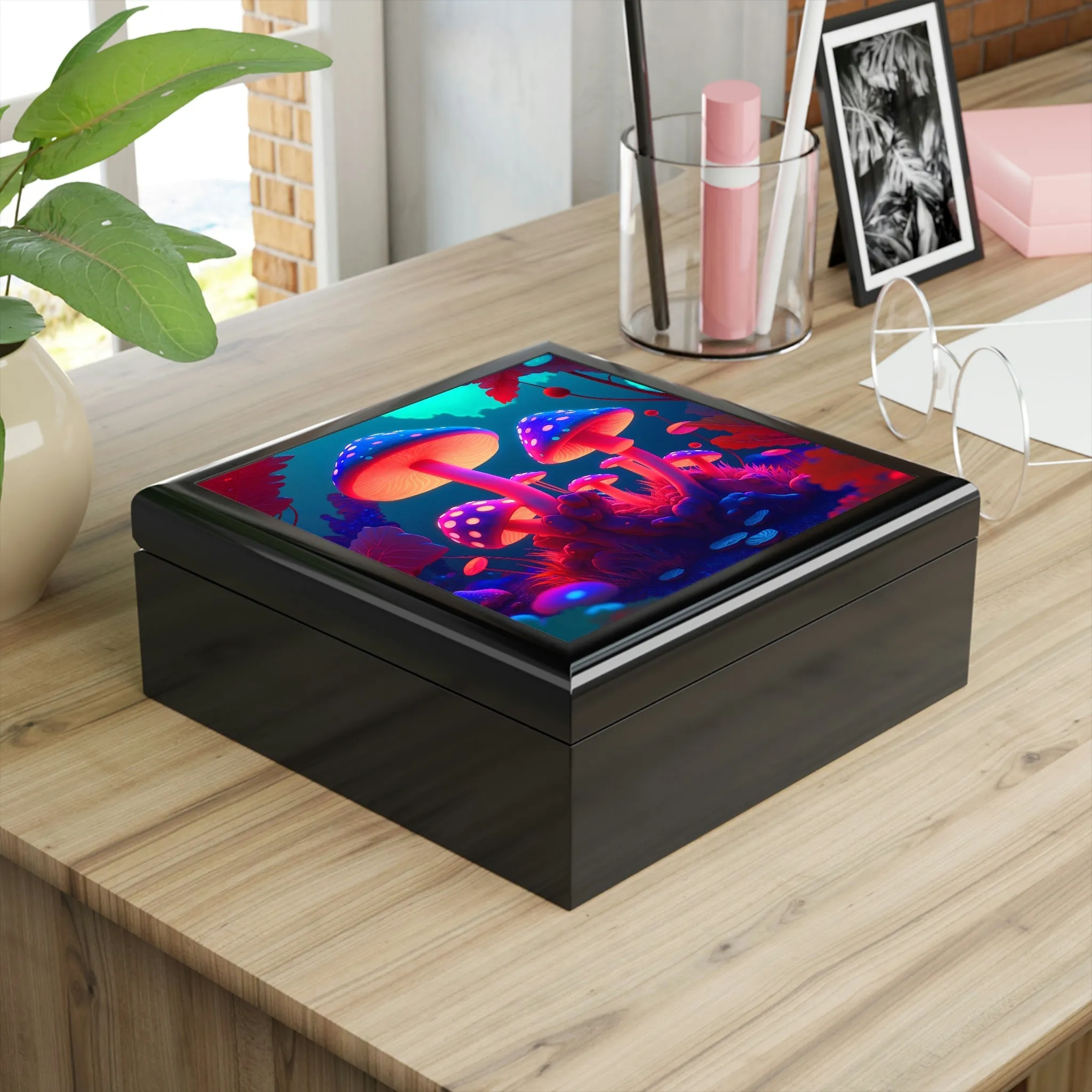 Psychedelic Mushroom Forest Wood Keepsake Jewelry Box with Ceramic Tile Cover