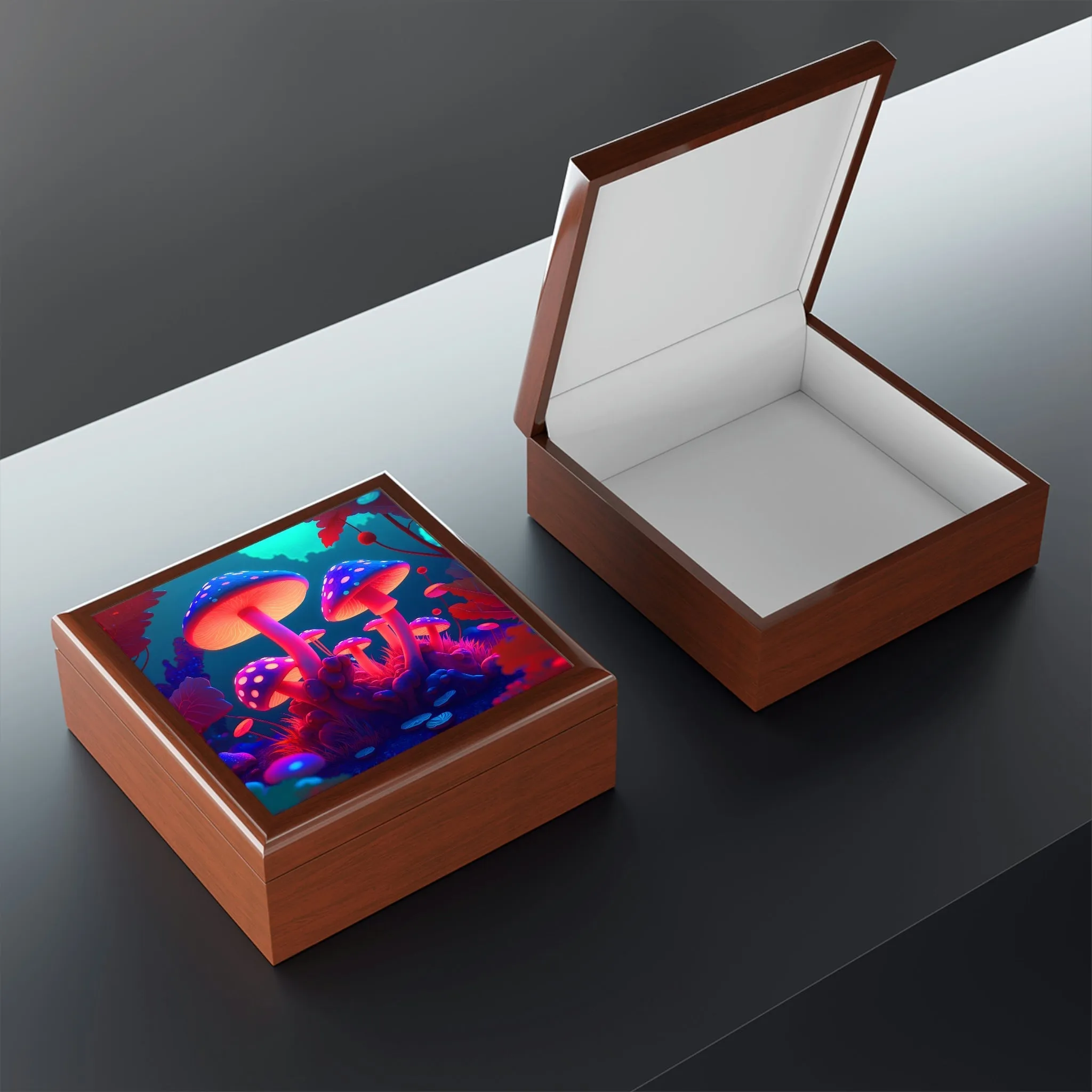 Psychedelic Mushroom Forest Wood Keepsake Jewelry Box with Ceramic Tile Cover